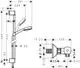 Hansgrohe Brausesystem mit Thermostat, Brausestange und Halterungen, dargestellt in einem technischen Diagramm mit verschiedenen Maßeinheiten.